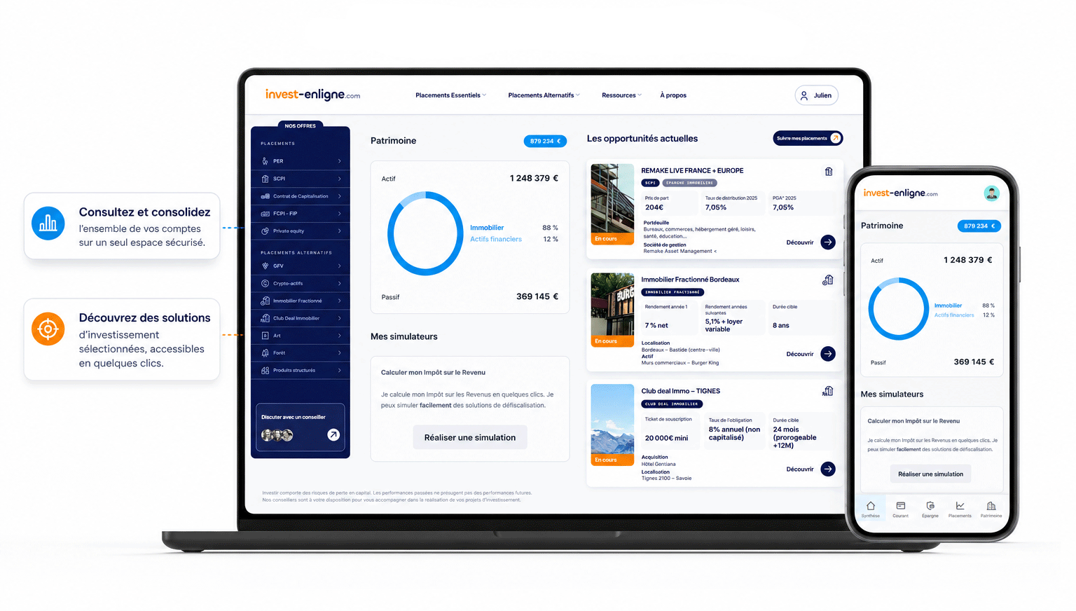 Espace membre invest-enligne.com — tableau de bord patrimoine sur ordinateur et mobile